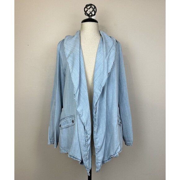 Style&co. Jackets & Blazers - Style & Co Womens Jacket Sz L Chambray Open Front Roll-Tab Sleeves Blue Pockets
